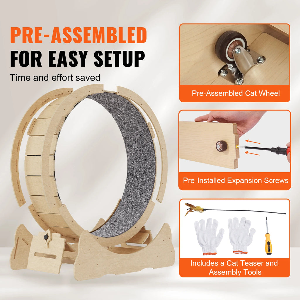 SucceBuy Wooden Cat Exercise Wheel Large Cat Treadmill Wheel for Indoor Cat Running Wheel with Detachable Carpet& Cat Teaser